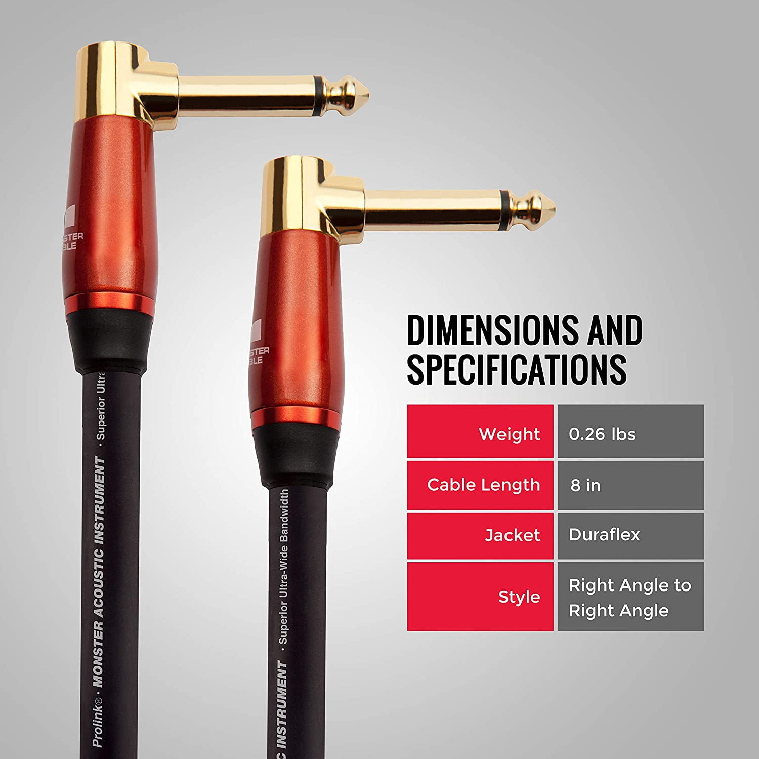 Monster Cable Prolink Acoustic Pro 8in Audio Instrument Cable, Right Angle to Right Angle, Black
