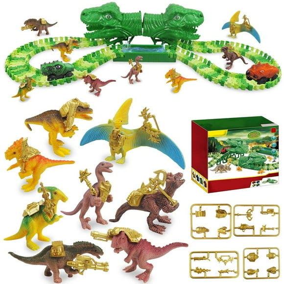 AMERTEER 163 Pcs Dinosaur Race Track Car Toy Set 149 Pcs Flexible Train Tracks with 8 Dinosaurs Create a Dinosaur World Road Race Car Track Racing Toy for 3 4 5 6 Year Old