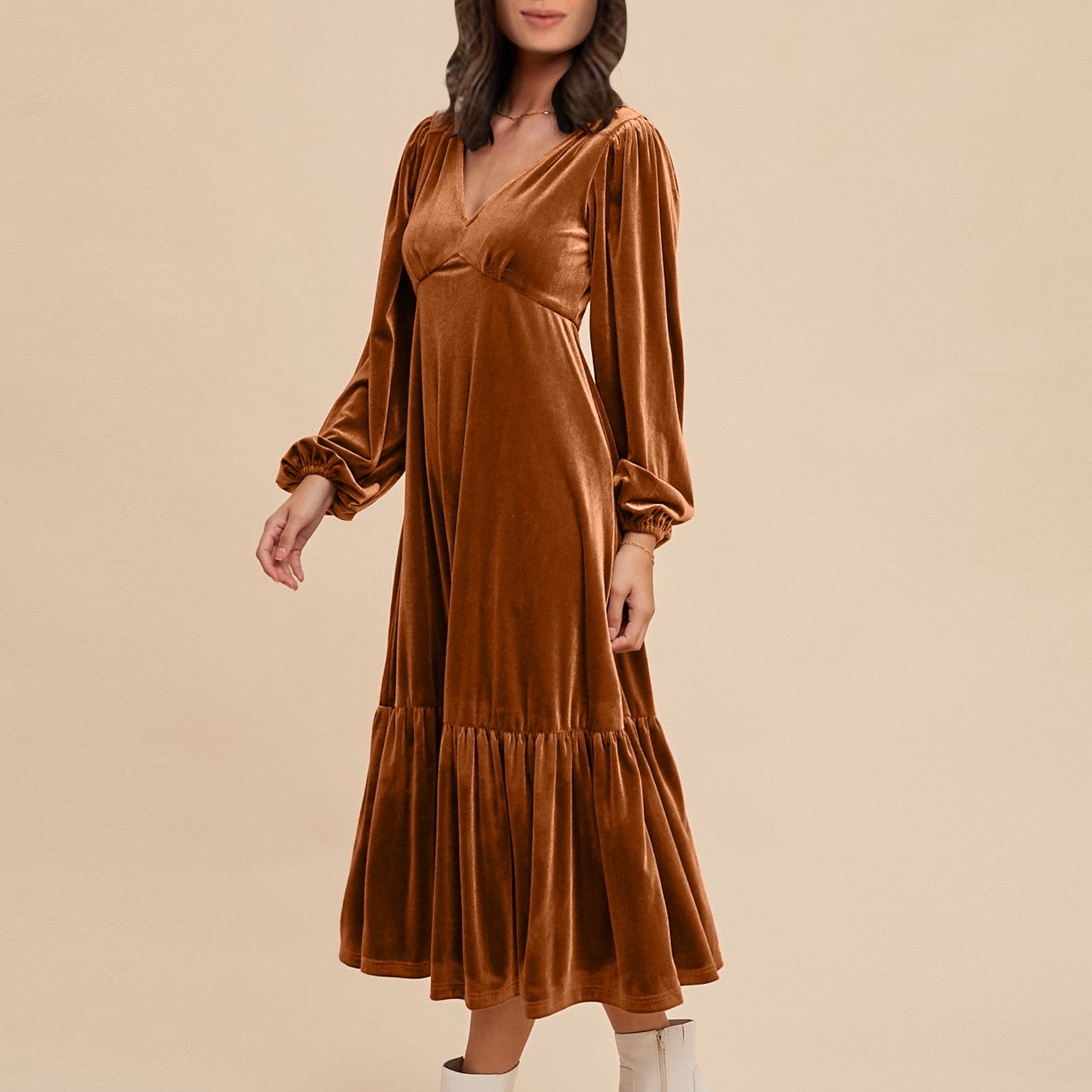 Women's Dressy Dress Puff Long Sleeve V Neck Tiered Casual Loose Velvet Dress Trendy Cocktail Party Night Elegant Midi Dress Yellow,M