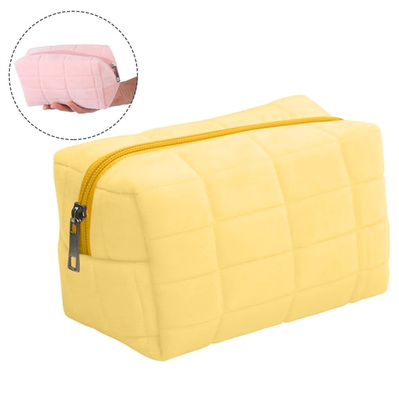 Djiypn Cute Makeup Bag, Velvet Cosmetic Bag, Make up Pouch for Purse,Toiletry Zipper Pouch, Checkered Bag, Travel Case,Storage Pouches for Organization (Yellow)