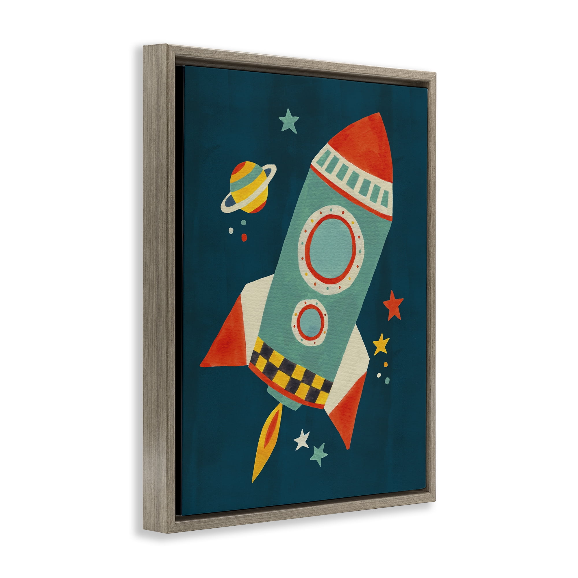 Stupell Industries Rocket Ship in Space Transportation Painting Brown Floater Framed Canvas Art Print Wall Art, 17 x 21