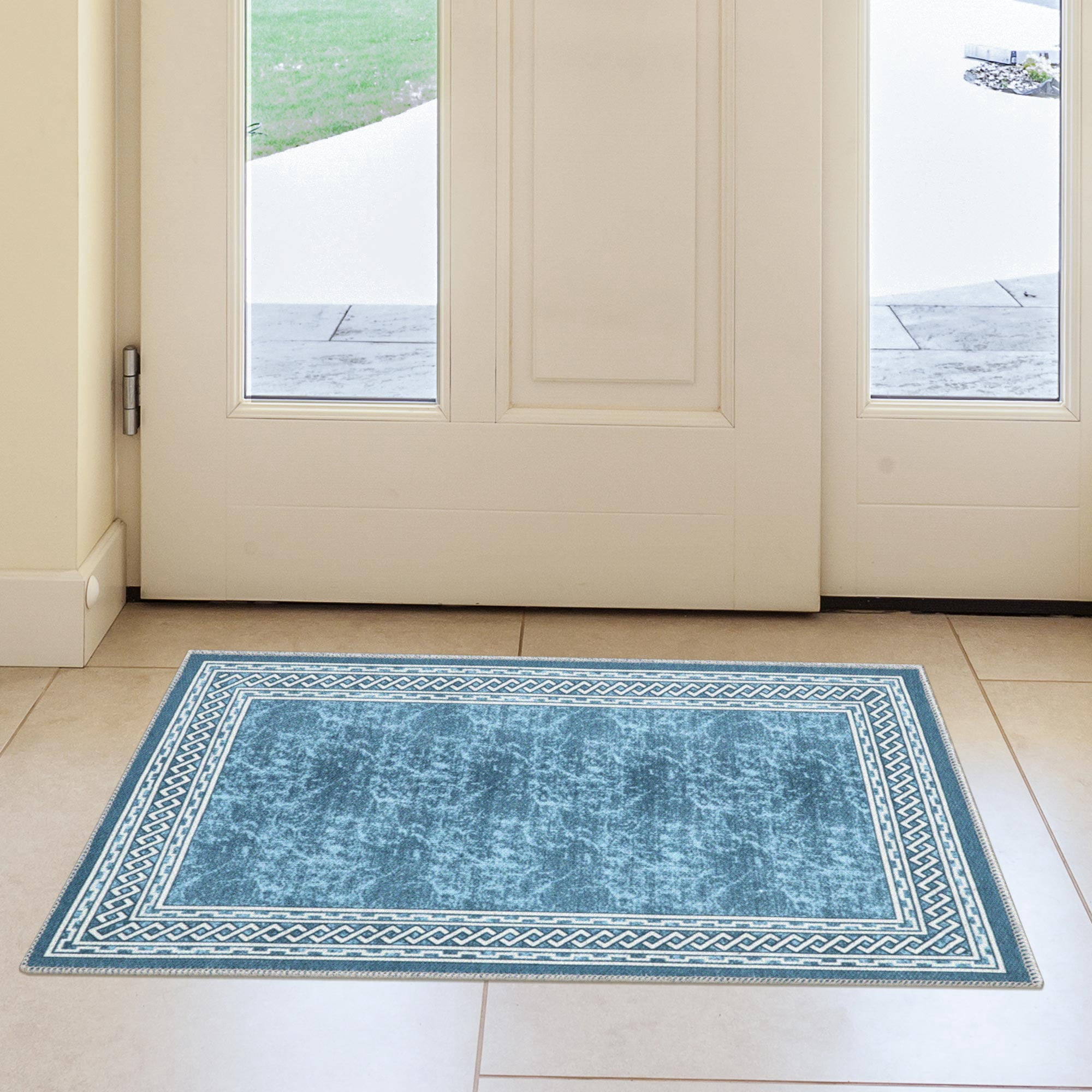 Ottomanson Machine Washable Cotton 2x3 Flatweave Area Rug for Entryway, 2' x 3', Blue Border
