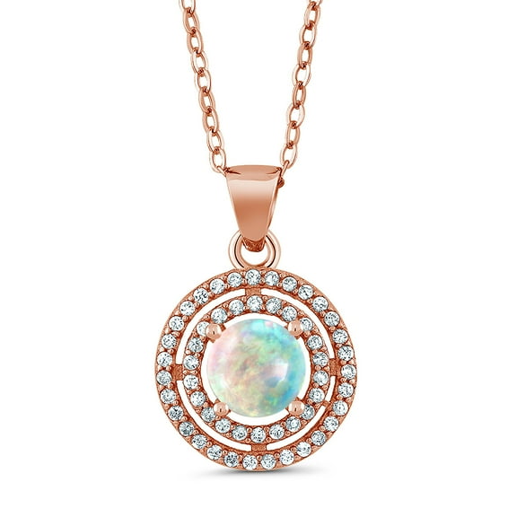 Gem Stone King 0.94 Ct Round Cabochon White Simulated Opal 18K Rose Gold Plated Silver Pendant with Chain