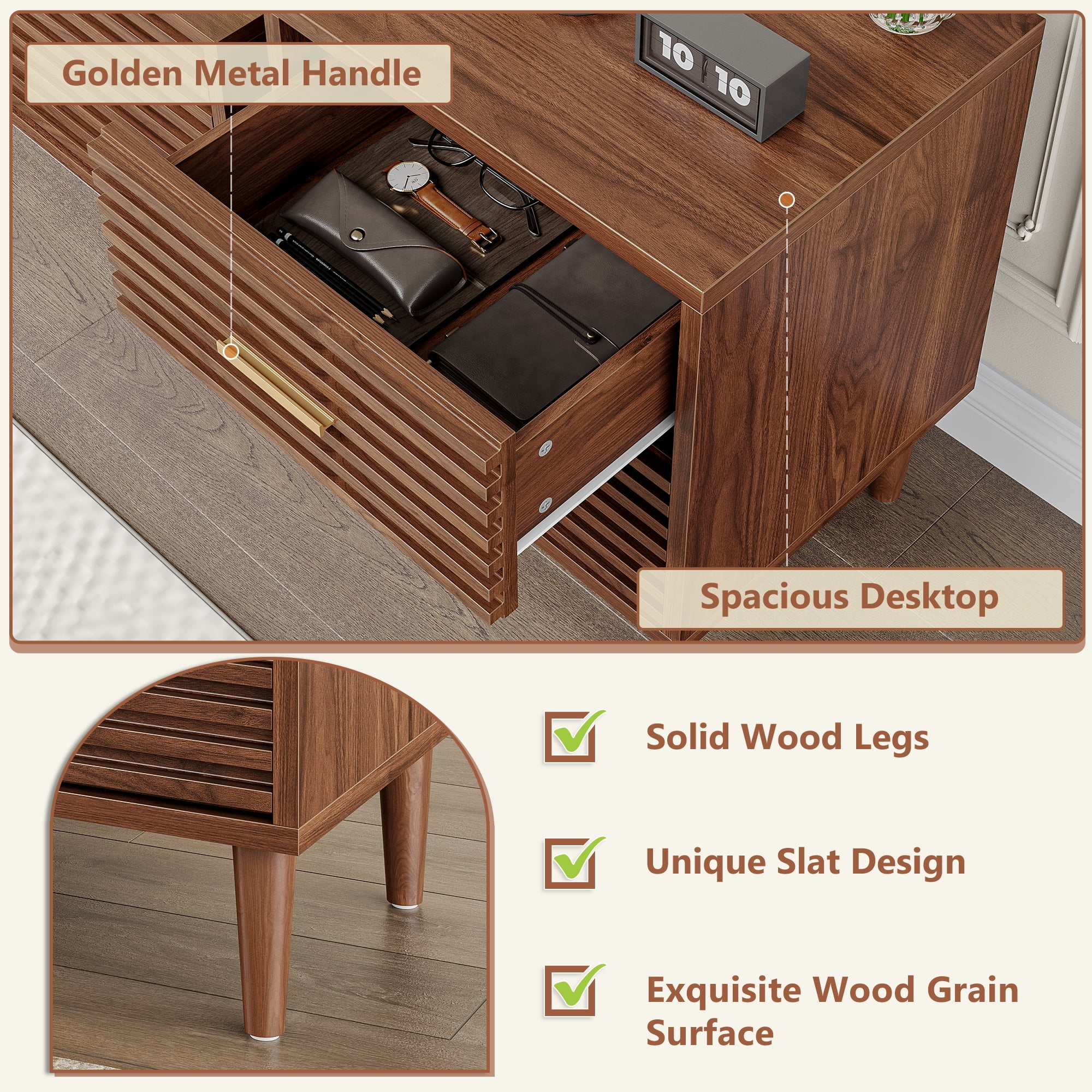Brown Nightstand Set of 2, Fluted Night Stand With Charging Station, Mid Century Modern Night Stands For Bedroom Bedside Table, Fluted Nightstand With 2 Drawers, 19" Modern Side Table With Outlets