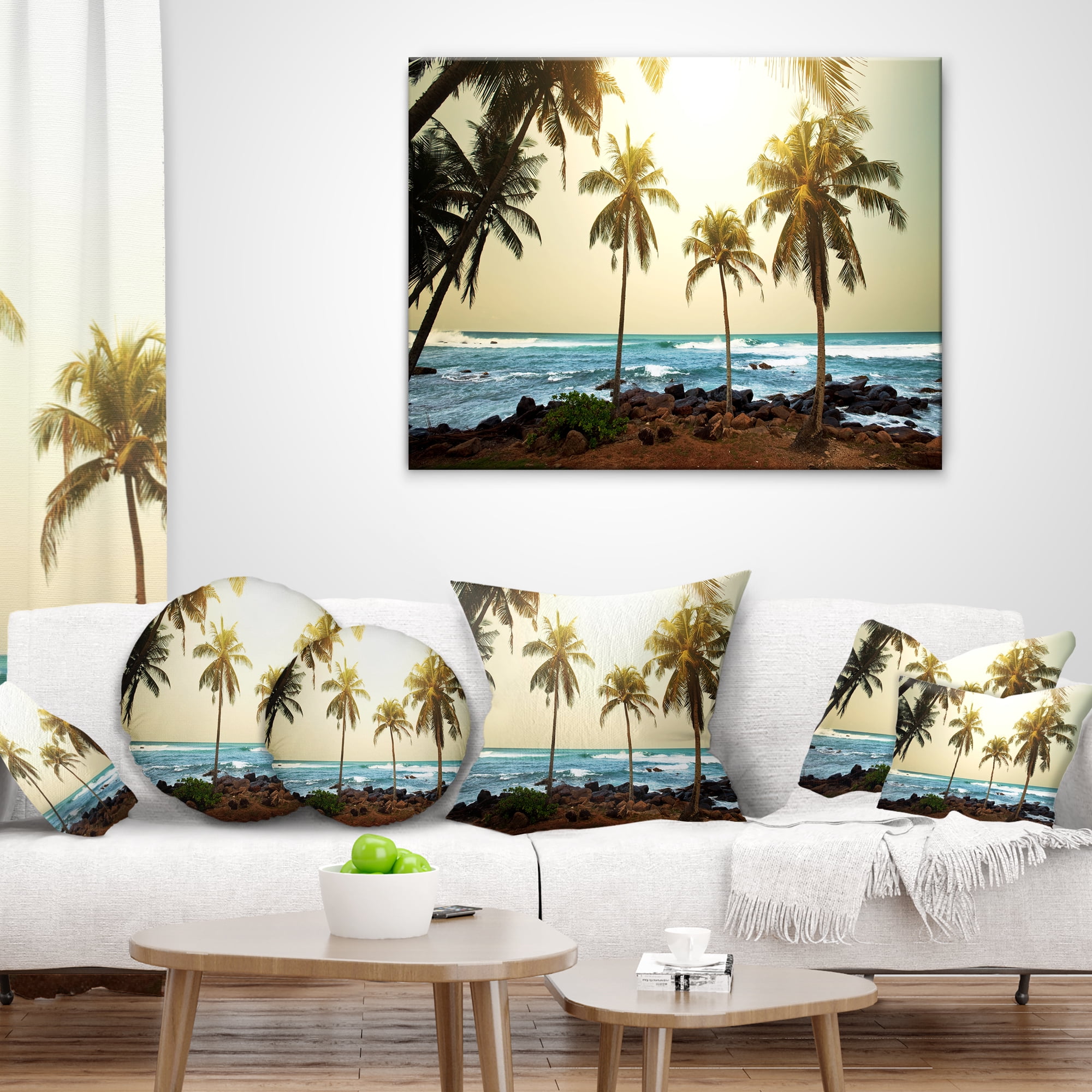 Designart Rocky Tropical Beach with Palms - Seashore Throw Pillow - 16x16