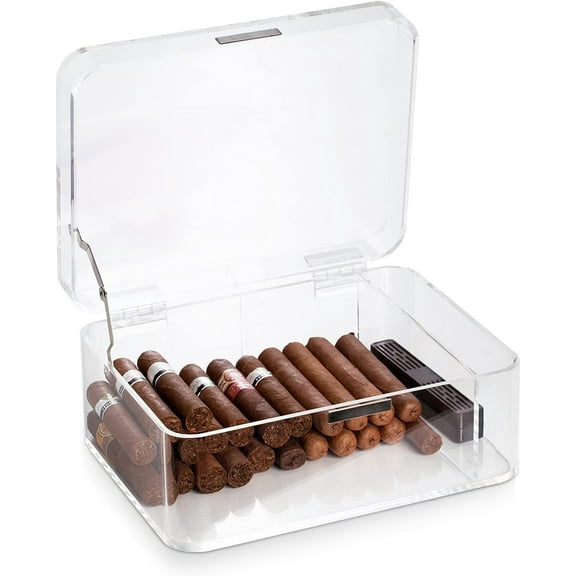 Acrylic Cigar Humidor Cigar Storage Box, Air Tight Cigar Container, Humidifier, Compartment for Humidity Pack Stores 50-75 Cigars (Black)