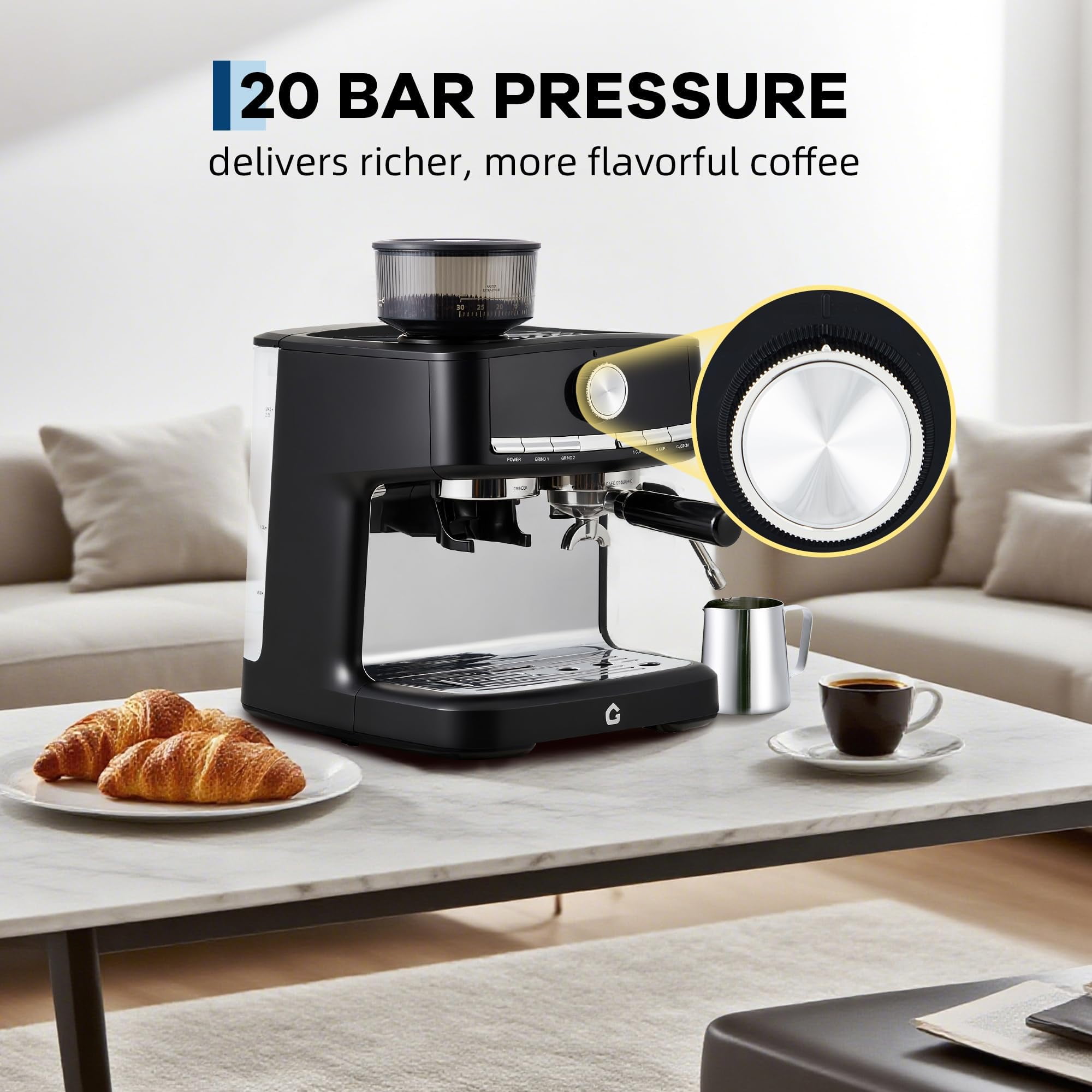 Soonbuy 20 Bar Pressure Espresso Machine, with Grinder & Milk Frother, 1.5L Removable Tank, Adjustable Shot Volume, Professional Stainless Steel Coffee Maker, for Home and Office