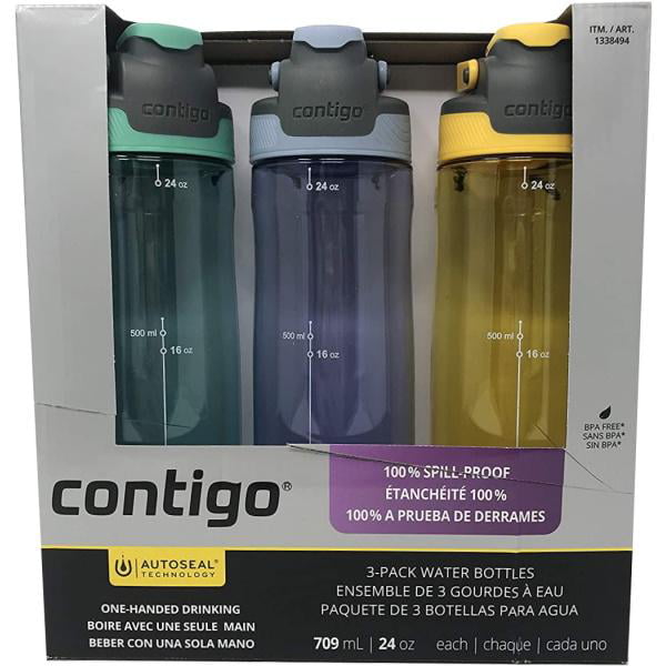 Green, Purple, Yellow Contigo Auto Seal 3-Pack Water Bottles 