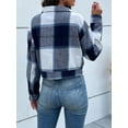 thumbnail image 2 of SEARIPE Women's Cropped Plaid Shacket Jacket Button Down Long Sleeve Flannel Shirt Jacket Coat Navy Blue S, 2 of 7