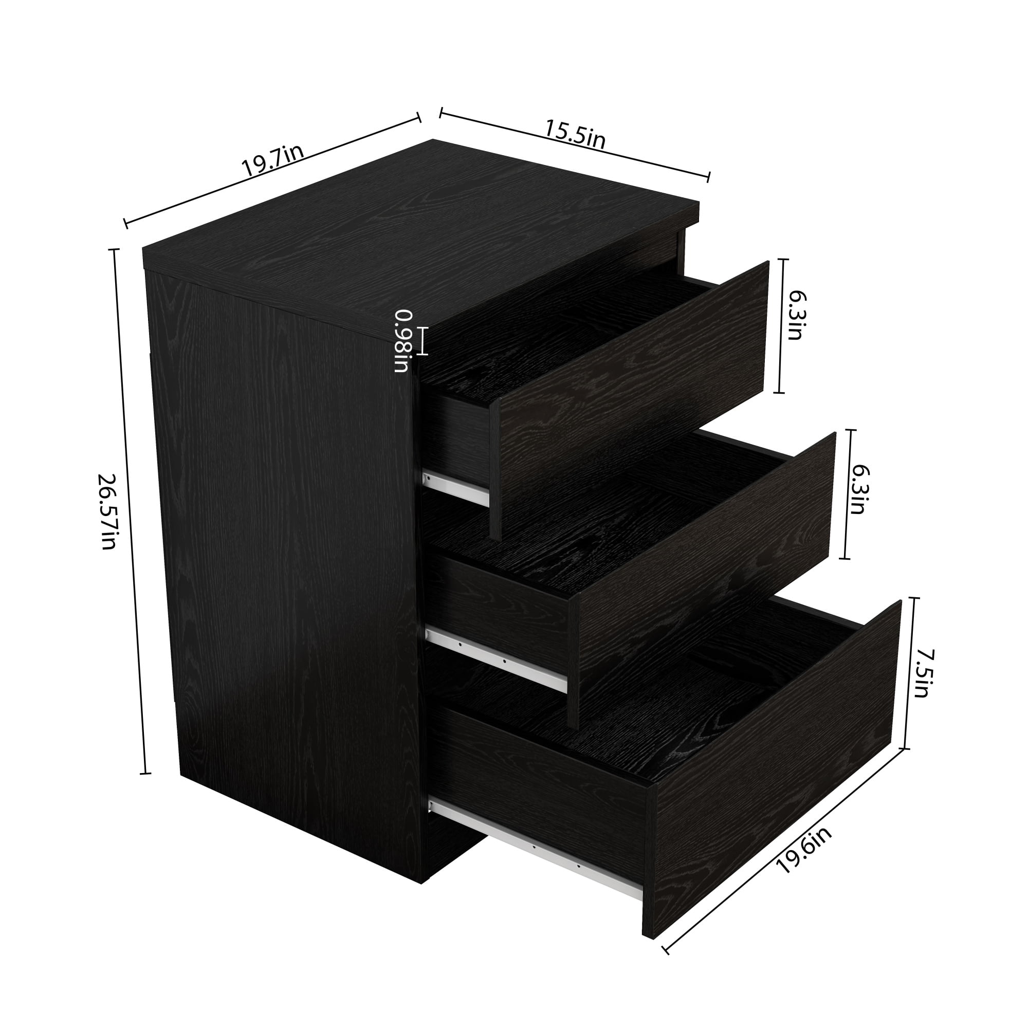 Leumius 19.7" Nightstand with 3 Drawers,Handle-Free Design,Thickened Top,Small Storage Cabinet for Bedroom/Living Room,Black