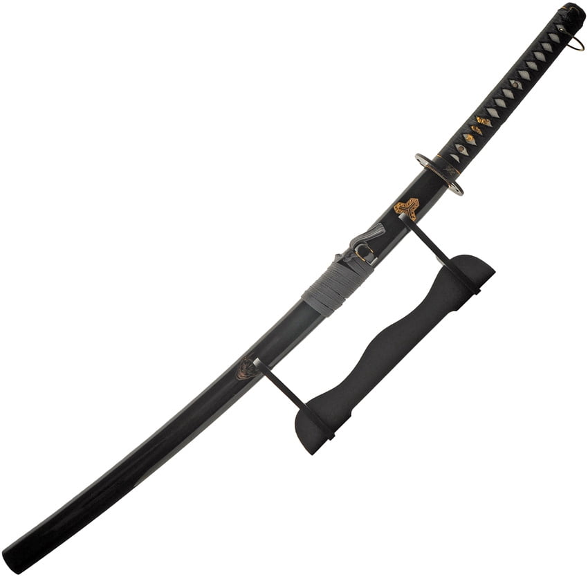 SZCO 40" Black Carbon Steel Oni Katana with Wooden Display Stand