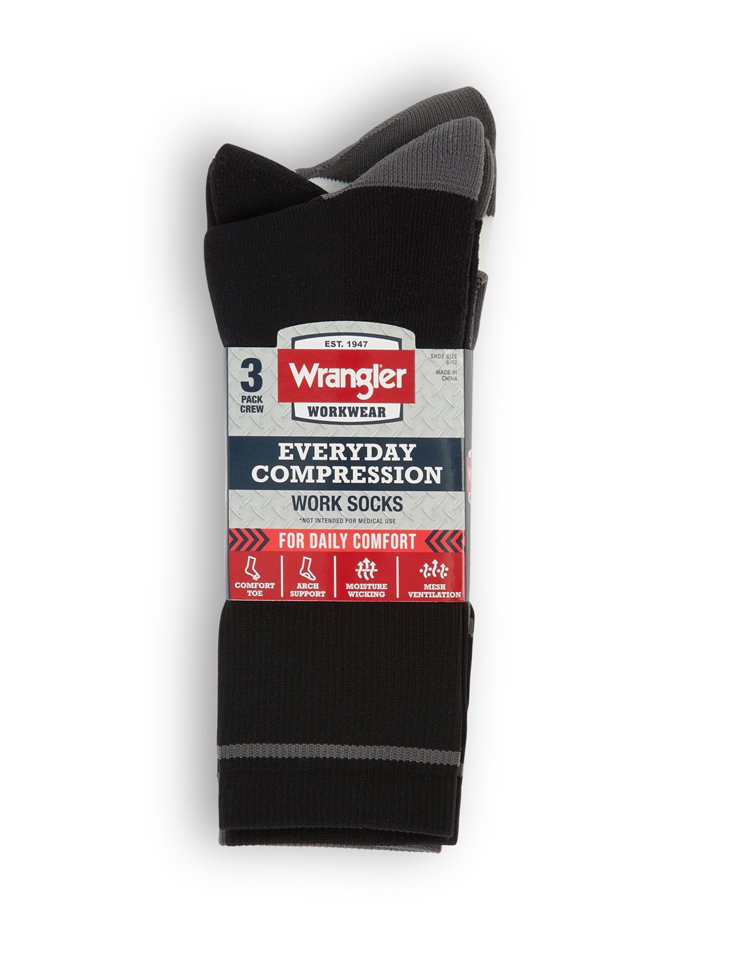 Wrangler Comfort Compression Crew Socks for Men, Size 6-12, White/Gray/Black, 3 Pairs