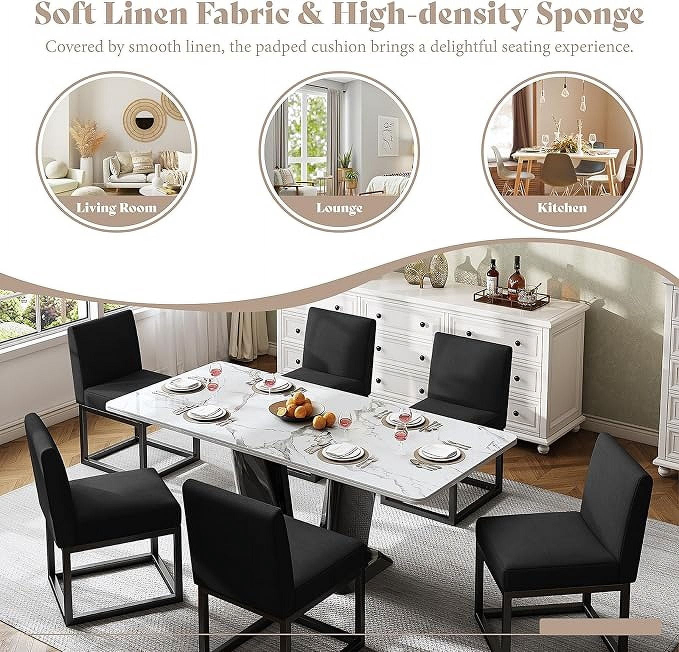 Merluxy Mid Century Linen Dining Chairs Set of 6, Modern Upholstered Dinner Chairs with Metal Frame for Restaurant, Dining Room, Kitchen, Black Padded Chairs