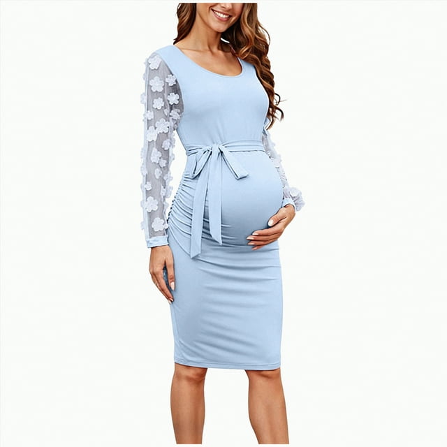 WUANDIXFA Robe de Maternité Décontractée Robe de Maternité en Tricot Côtelé à Manches Longues avec Fente Latérale Vêtements de Grossesse Bleu Pâle,L