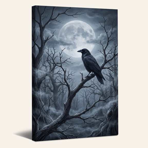 Black Raven Perched On Twisted Branch Under Full Halloween Canvas Wall Art