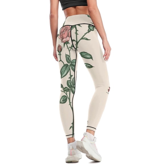 Rose Pattern High Waisted Leggings for Women Regular & Plus - No See Through Tummy Control Cycling Workout Yoga Pants without Pockets S