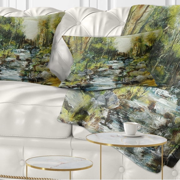 Designart Rocky Terrain with Creek - Landscape Painting Throw Pillow - 12x20