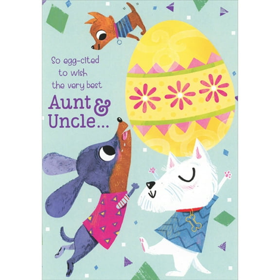 Designer Greetings So Egg-Cited: Three Dogs with Large Yellow Egg on Light Blue Juvenile Easter Card for Aunt and Uncle