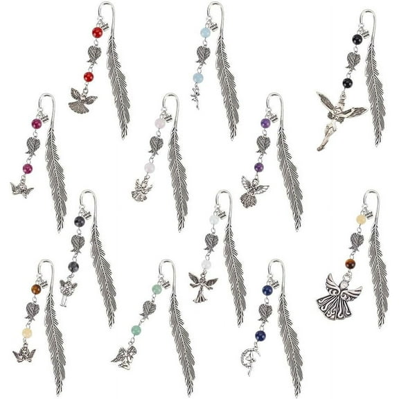 12pcs Feather Metal Bookmarks Bookmarks Vintage Gemstone Beading Bookmarks Alloy Angel Book Markers for Office School Reading Book Lovers Teacher's Day Christmas Birthday Gifts Silver