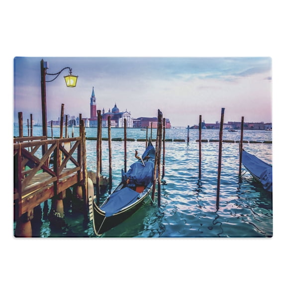 Venice Cutting Board, Dreamy Evening View of Famous Italian City Architecture Water and Gondolas, Decorative Tempered Glass Cutting and Serving Board, Large Size, Lilac Blue Brown, by Ambesonne