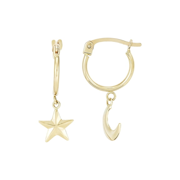 Brilliance Fine Jewelry 10K Yellow Gold 1.27mm x 12mm Hoop with Moon and Star Earrings