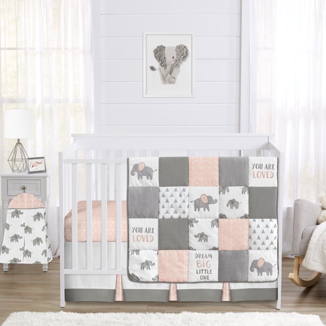Elephant Grey and Blush Pink Collection 4 Piece Crib Bedding
