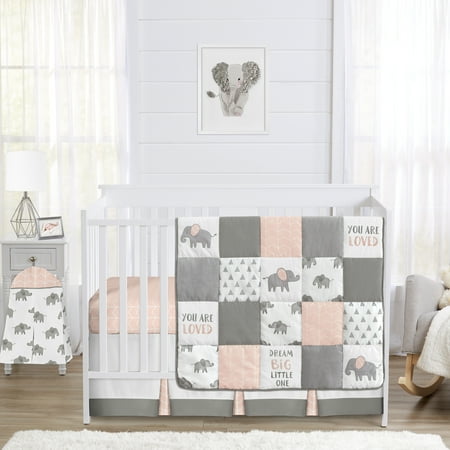UPC: 0846480064268 | Elephant Grey and Blush Pink Collection 4 Piece Crib Bedding