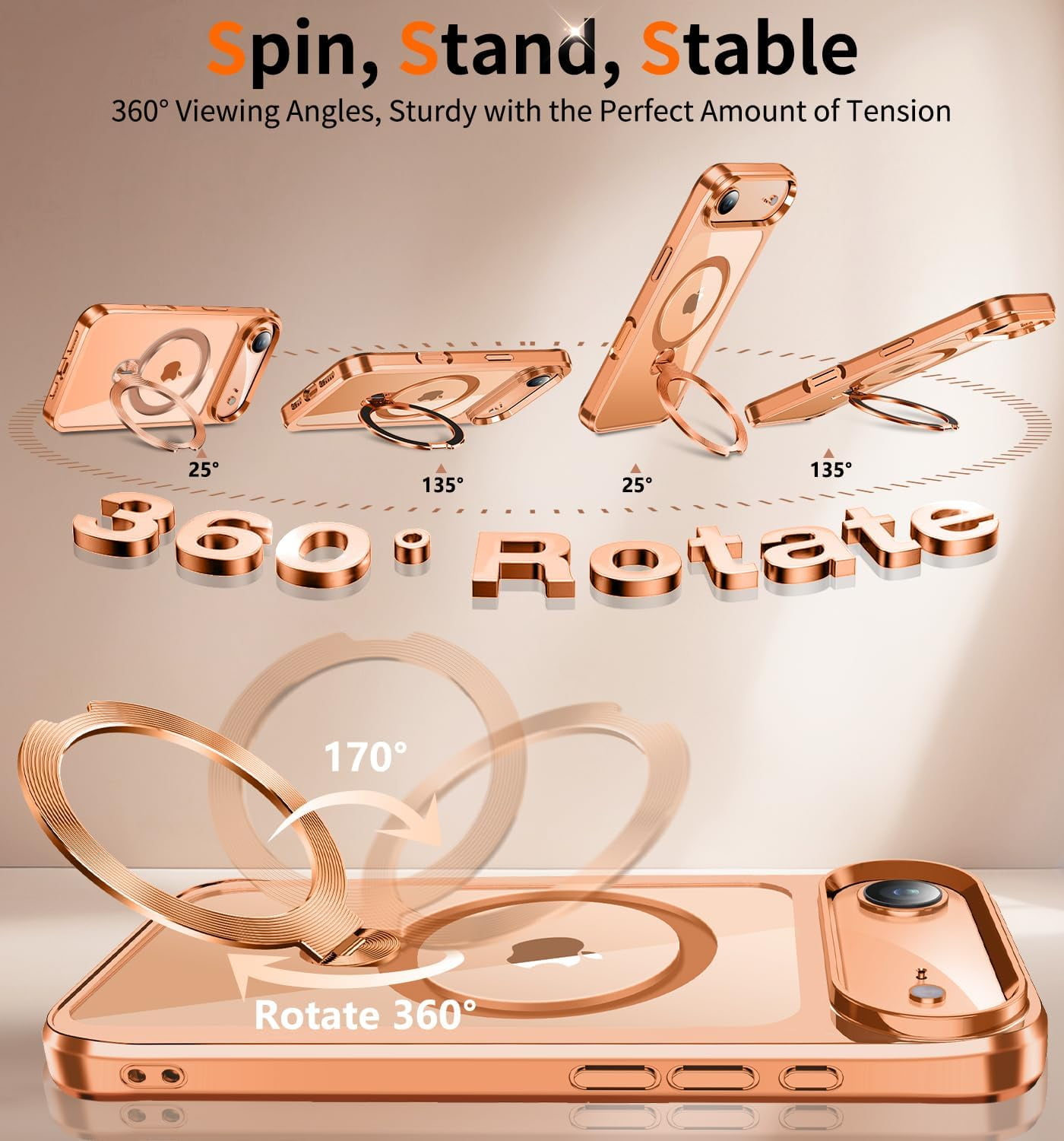 JETeacka CD Metal Ring & Invisible 360° Spin Stand Magnetic Case for iPhone 17 Air Electroplated Bumper Compatible with MagSafe Slim Clear Cover-Orange