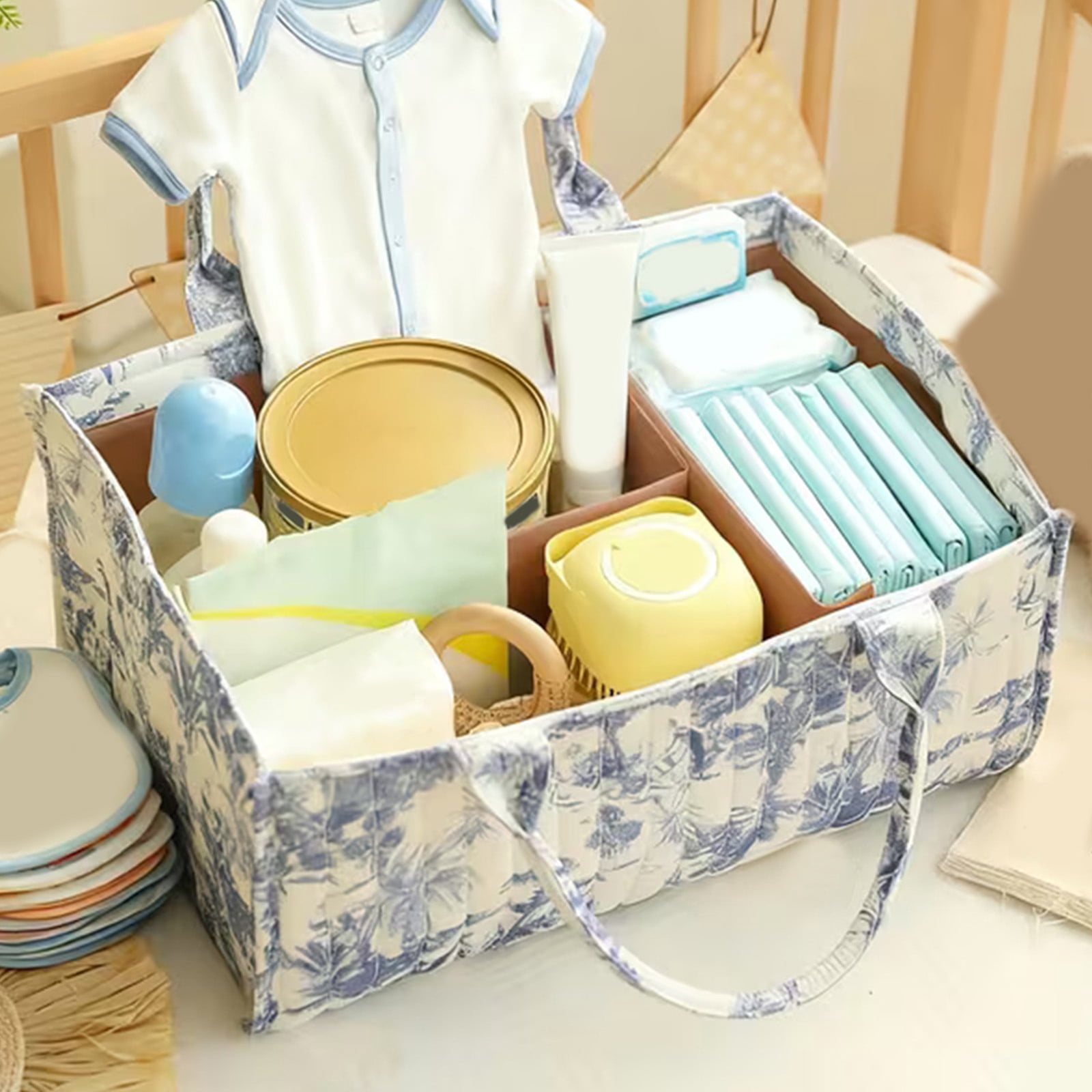 Baby Diaper Caddy Organizer, with Removable Divider Portable Stylish Nursery Storage Basket, Newborn Essentials, Newborn Caddie Car Travel，Blue