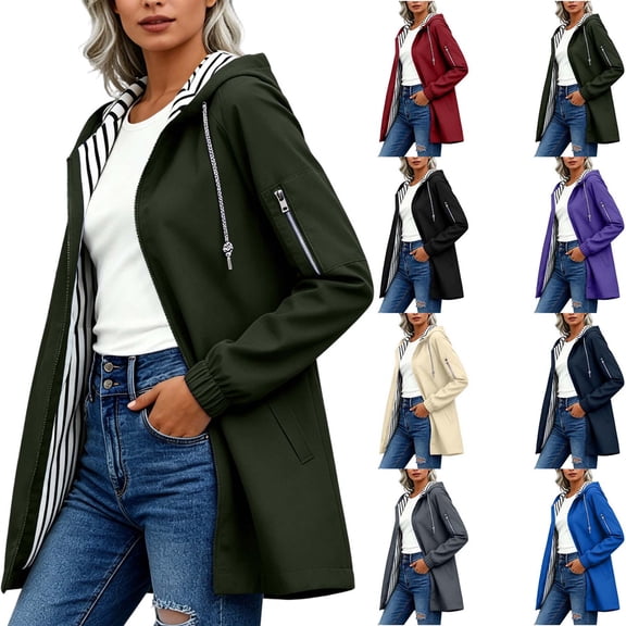 DYTTDG Women's Full-Zip Hooded Jacket Solid Color Striped Lining Long Sleeve with Zipper Pockets Loose Casual Outdoor Windbreaker