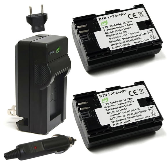 Replacement for Canon LP-E6N Battery (2-Pack, 2600mAh) and Charger with Car Adapter