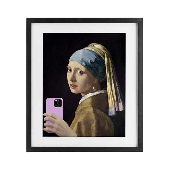Girl With Pink Phone Funny Black Framed Print Under Glass, design by Masters Redux