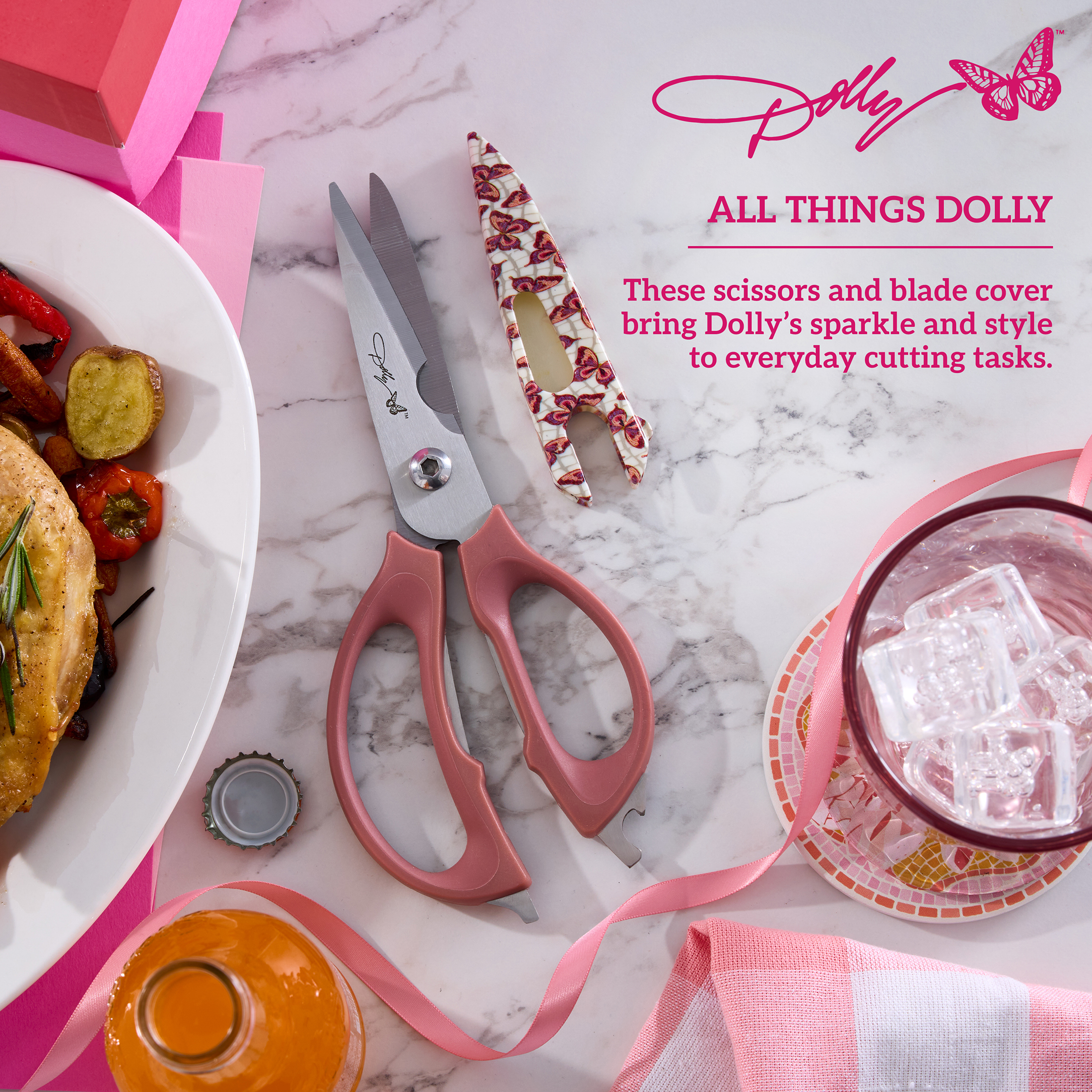 Dolly Parton 4-in-1 Kitchen Scissors with Pink Butterfly Pattern for Everyday Use