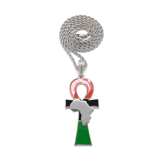 iJewelry2 Ancient Egyptian Afro-American Colored ANKH Cross with Africa Motif Silver Tone Rope Chain Pendant Necklace 18''