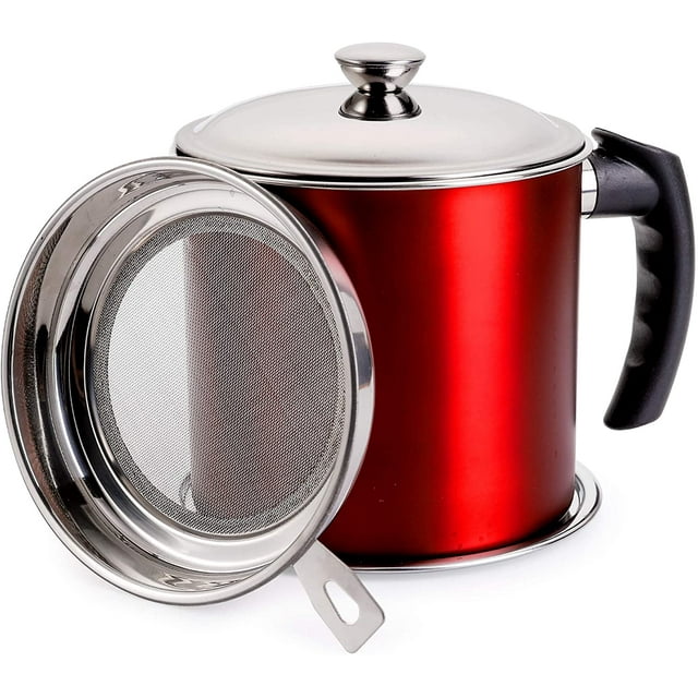 1.3L Huile Passoire Pot de Graisse Can, 1,37 Quart Huile Stockage Graisse Garde / Récipient de Graisse de Bacon en Acier Inoxydable, pour Stocker l'Huile de Friture, Graisse de Bacon & Graisse de Cuisson (Rouge)
