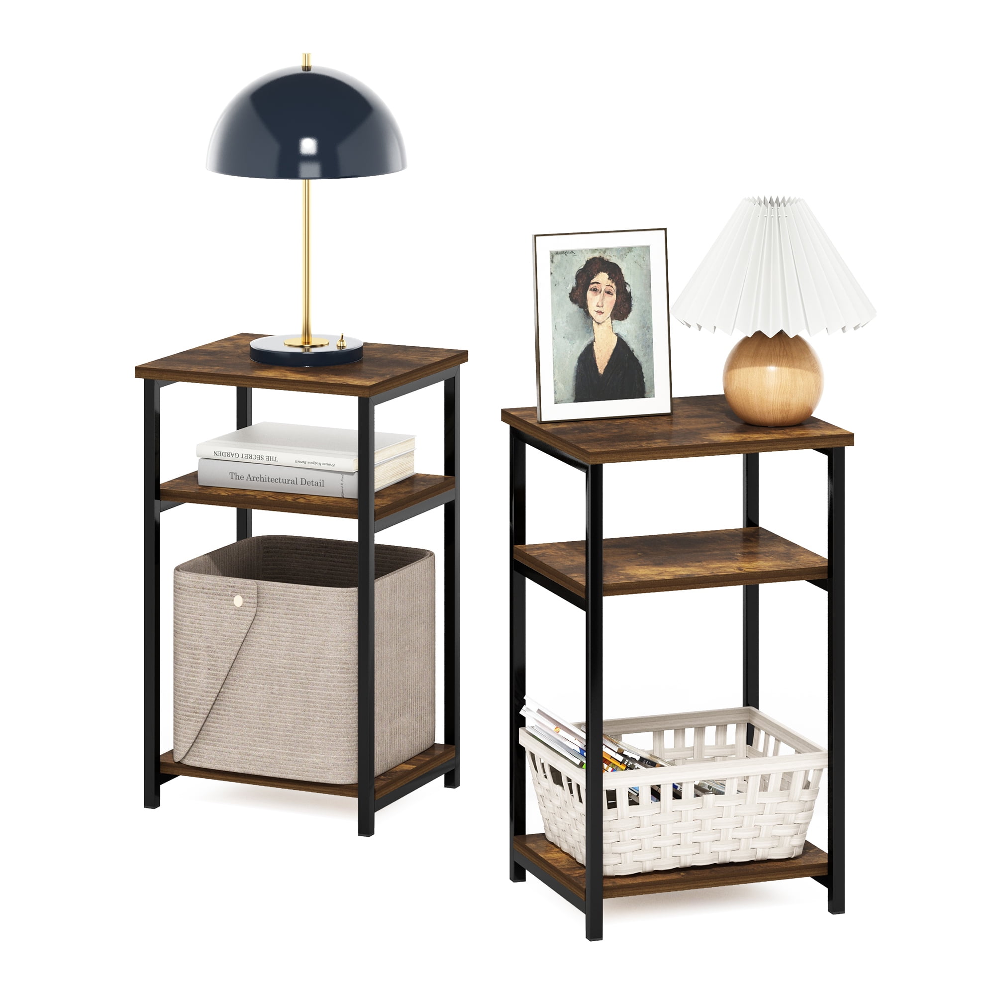 Furinno Just 3-Tier Industrial Metal Frame End Table with Storage Shelves, 2-Pack, Amber Pine