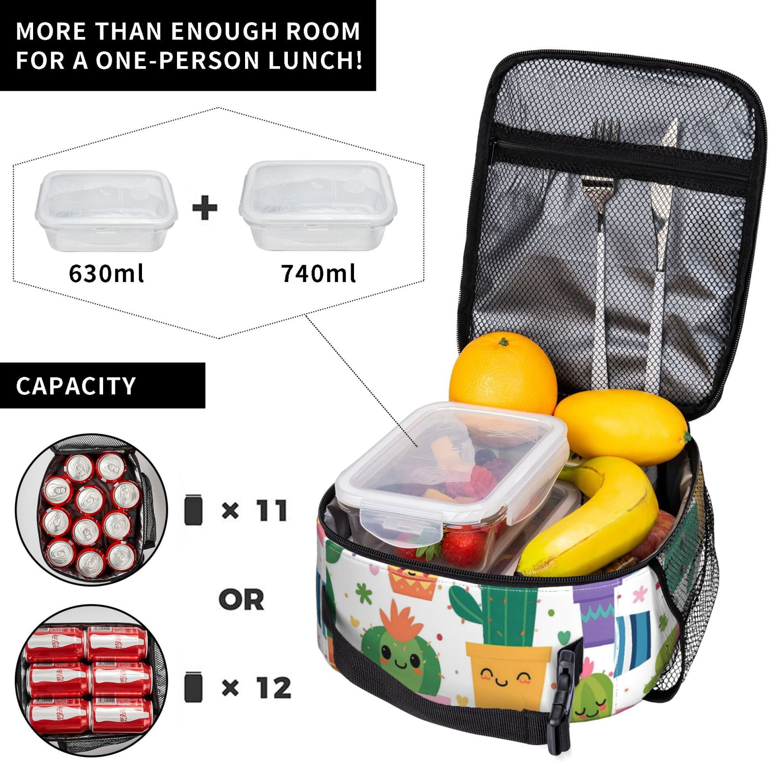 Lunch Bag For Women Men Insulated Portable Lunch Box Bento Box Office Picnic Travel Cooler Bag Cactus Potted Plant