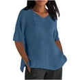 thumbnail image 3 of DDAPJ pyju Linen Shirts for Women Summer Plain T Shirt Beach Vacation Boho Tops Trendy Vneck Tees Casual Loose Fit Tshirt Blue XL, 3 of 6