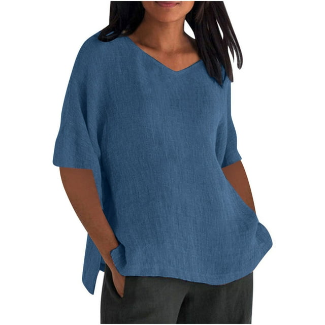 Bocqde T-shirts en Coton et Lin à Manches Courtes pour Femmes Mode Décontractée Pull Col Rond Blouse Tops Couleur Unie Confortable T-shirts Fendus sur le Côté
