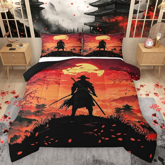 Homewish Japanese Samurai Bedding Comforter Set,Sakura Cherry Blossom Twin Comforter Sets,Black Orange Bedding Set For Men Women,Luxury Bedroom Decor Reversible,2-Piece
