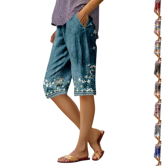 Hawaii Capri Pants for Women Casual Tropical Floral Print Pants Elastic High Waist Drawstring Summer Beach Trousers