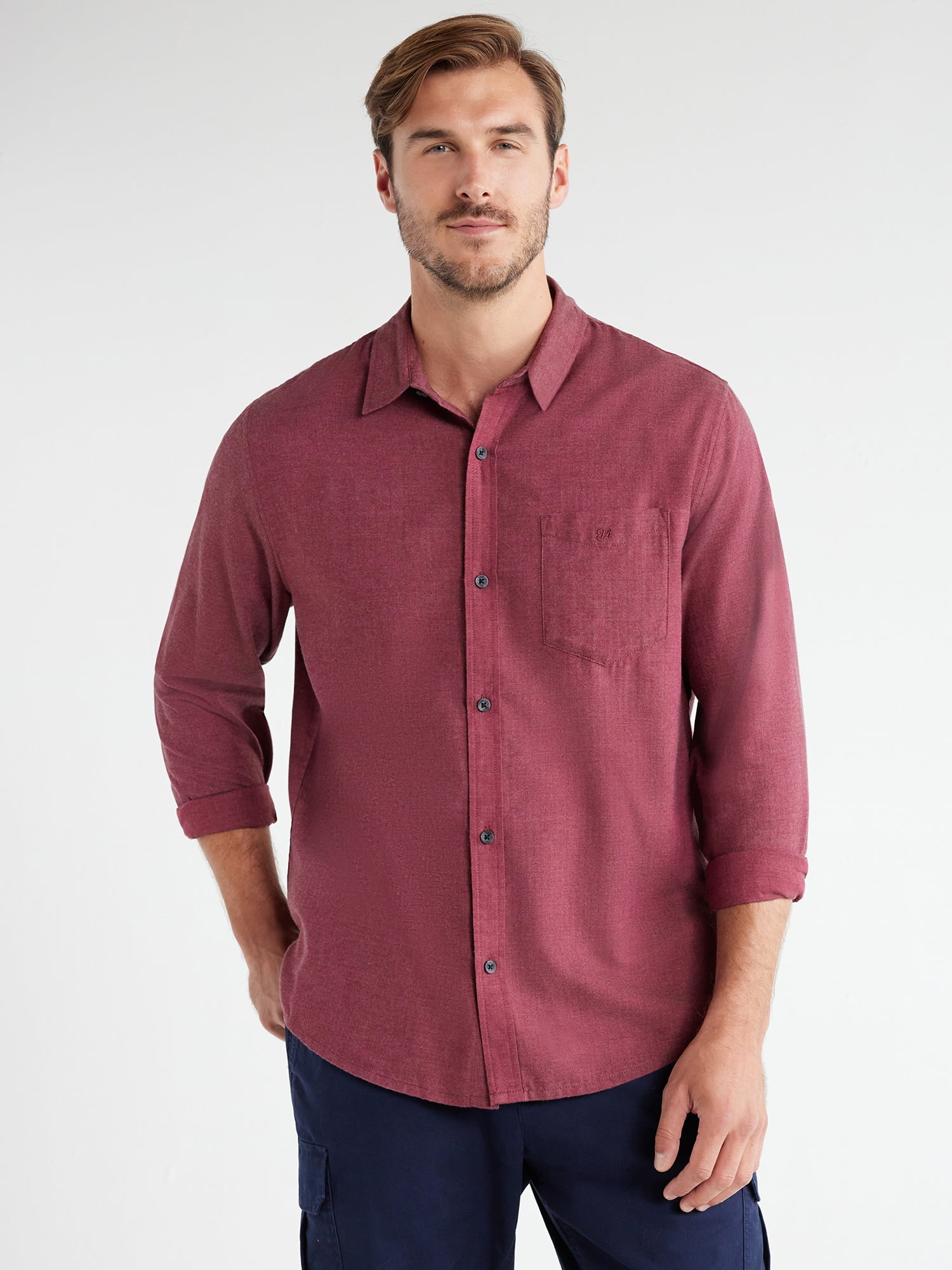 Free Assembly Men's Herringbone Shirt with Long Sleeves, Sizes XS-3XL