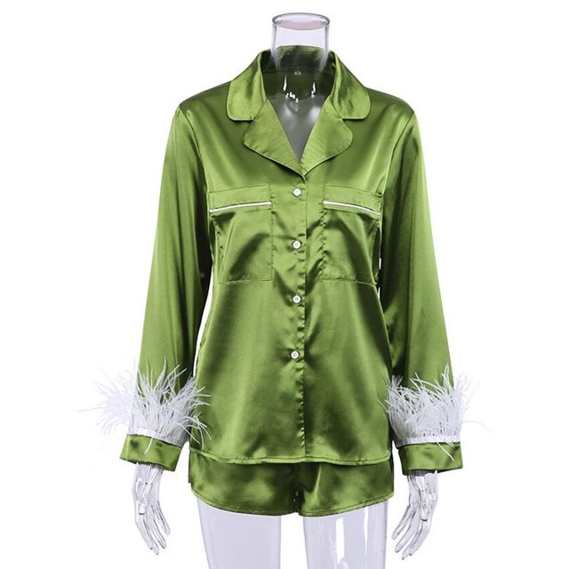Pijamas de plumas para mujer, conjunto de 2 piezas de manga larga con cuello vuelto, Tops con bolsillos, trajes de noche informales con pantalones cortos, otoño 2022