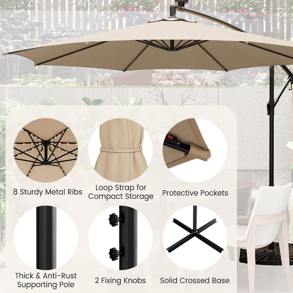Aimee Lii 10 Feet Patio Offset Umbrella with 112 Solar-Powered LED Lights, Sunbrella Patio Umbrellas, Beige