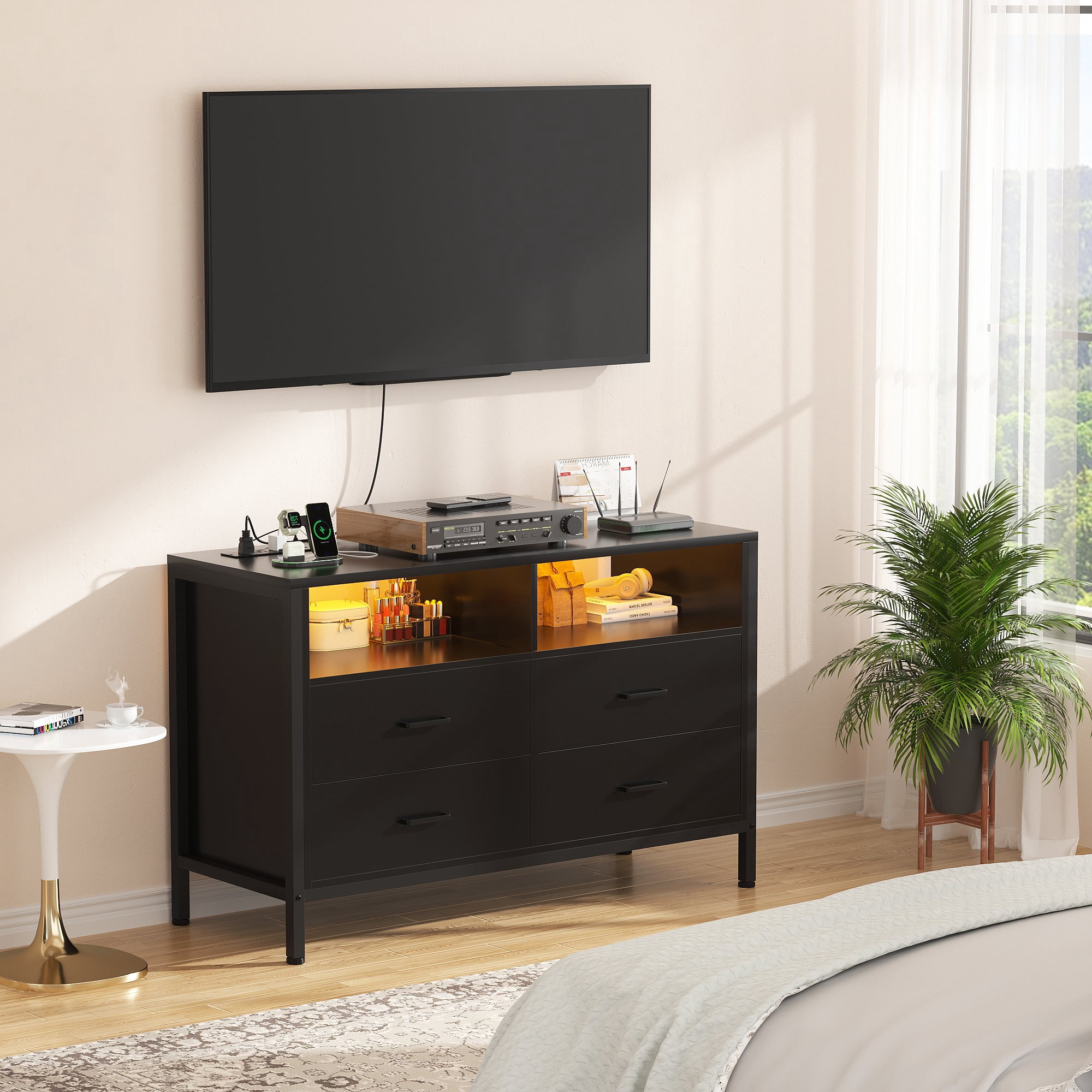Homieasy Dresser for Bedroom, 4 Drawer Dresser with LED Lights and Charging Station, Wood Dresser, Wide Chest of Drawer Storage Organizer, Dresser TV Stand for Living Room, Closet, Entryway, Black