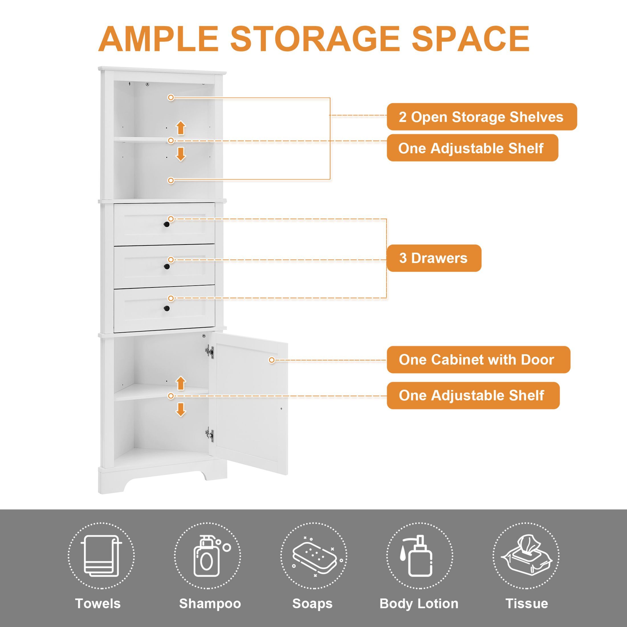 AENKYO Corner Bathroom Cabinet with Adjustable Shelves, Corner Cabinet with Open Spaces and Drawers, White
