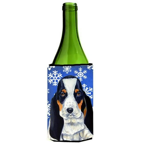 Basset Hound Winter Snowflakes Holiday Wine bottle sleeve Hugger - 24 oz.