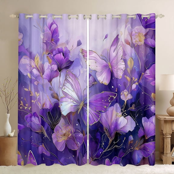 Homewish Floral Butterflies Girl Black Out Curtains,Gradient Purple Curtains Pack of 2 (42x63 Each),Dreamy Princess Bedroom Curtains,Microfiber Bedroom Decor