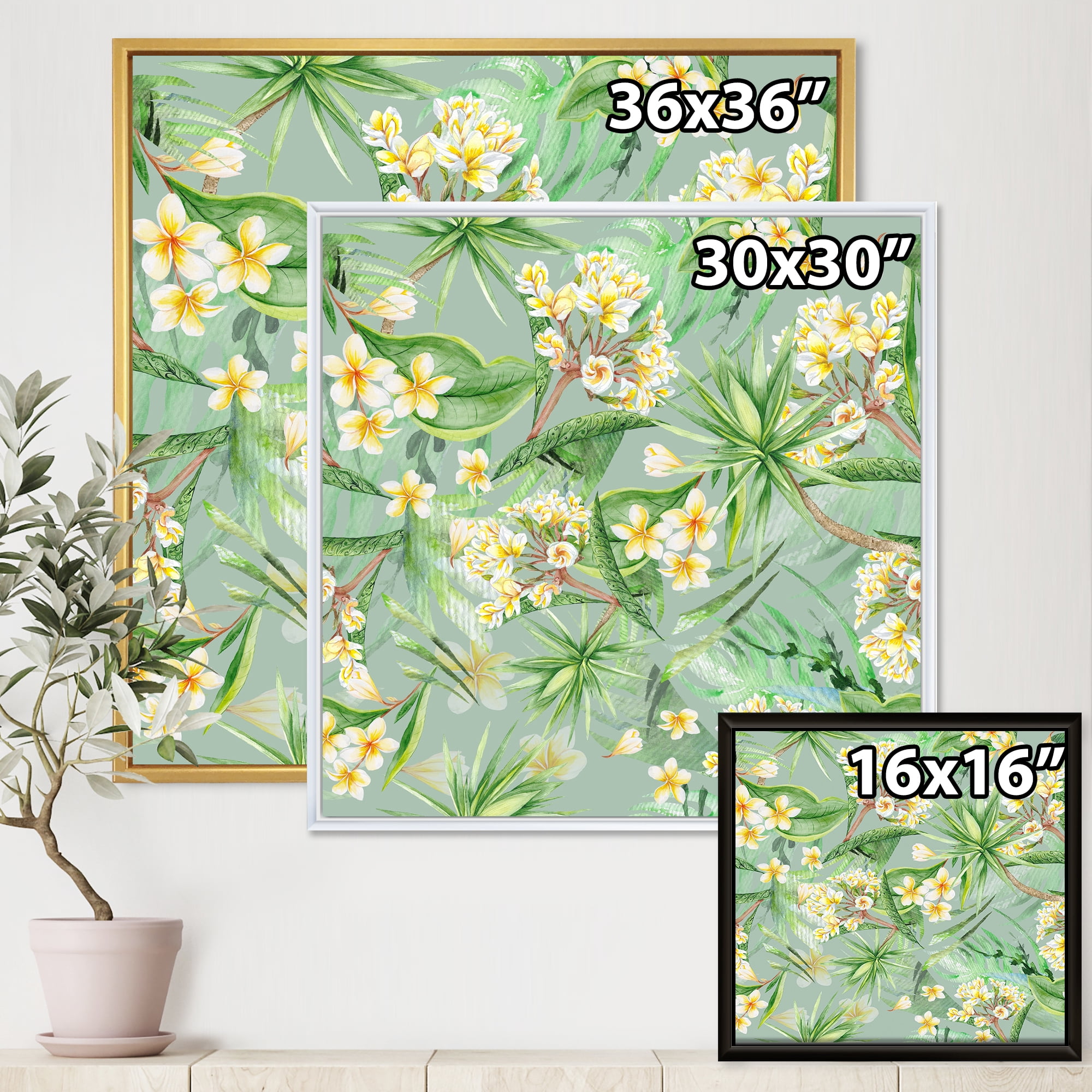Designart 'Yellow Flowers and Tropical Foliage XIV' Modern Framed Canvas Wall Art Print