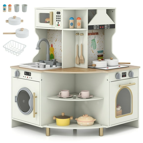 Gymax Kids Play Kitchen w/Working Faucet & Sink Microwave & Dishwasher for Ages 3+